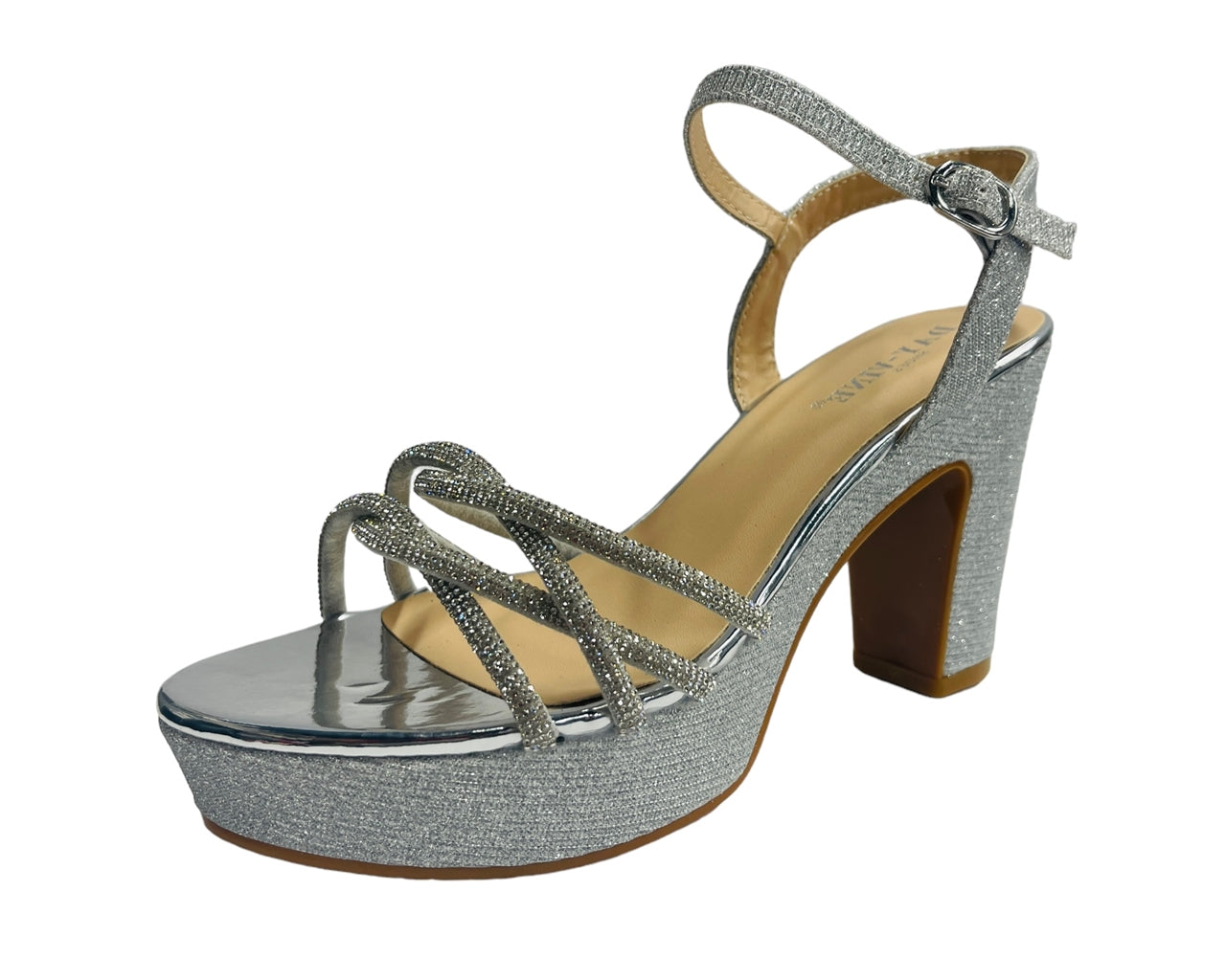 Women's Glitter Block Platform Ankle Strap Heel Shoes