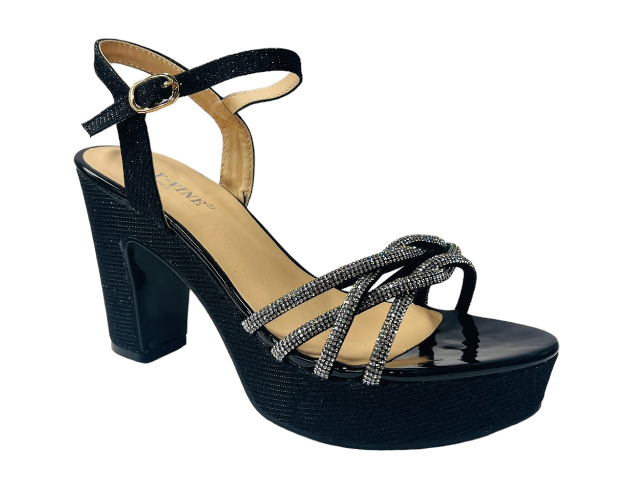 Women's Glitter Block Platform Ankle Strap Heel Shoes