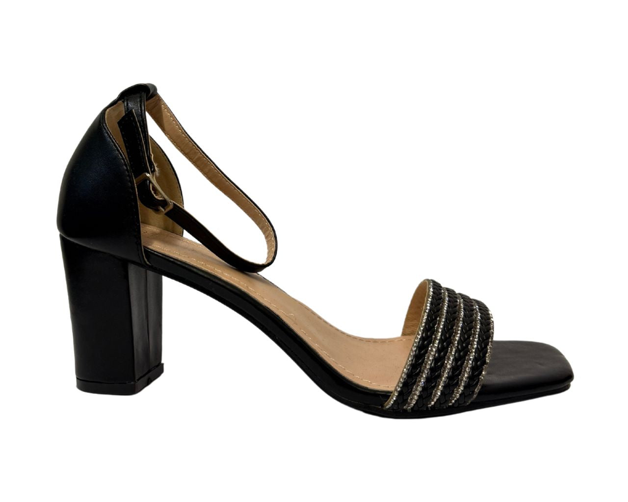 Women's B1639-131 Rhinestone Decor Block Heel Ankle Strap Shoes
