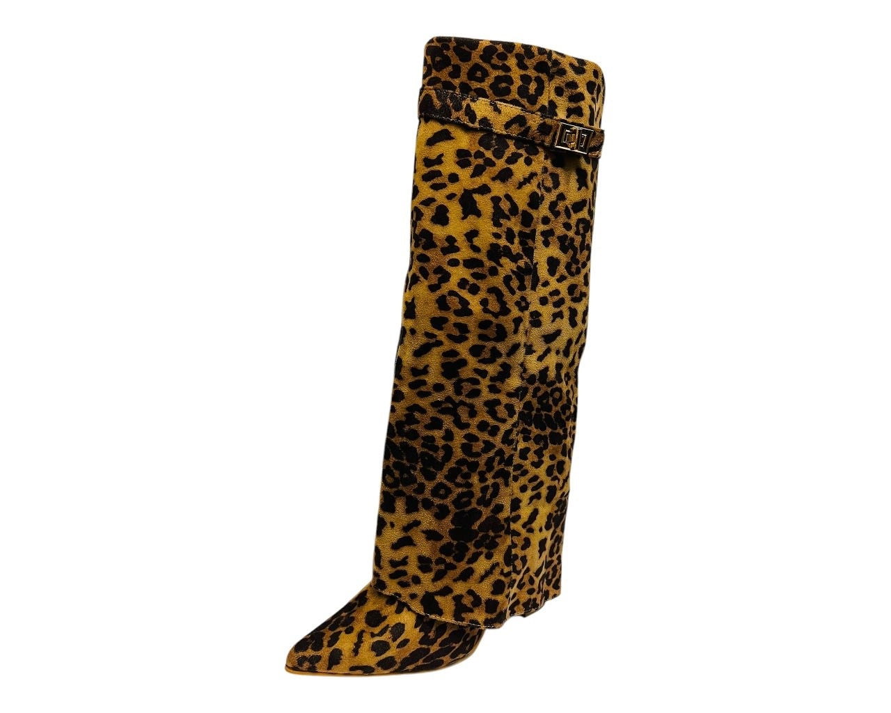 Faux Suede Calf High Fold Over Block Heel Boots