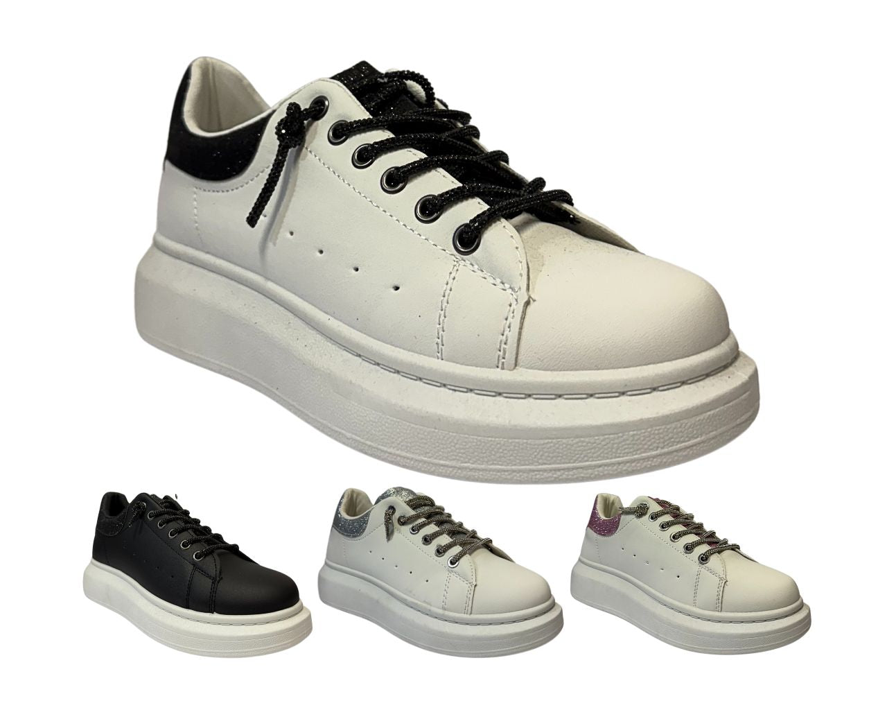 Women's Faux Leather Rhinestone Lace Up Trainers
