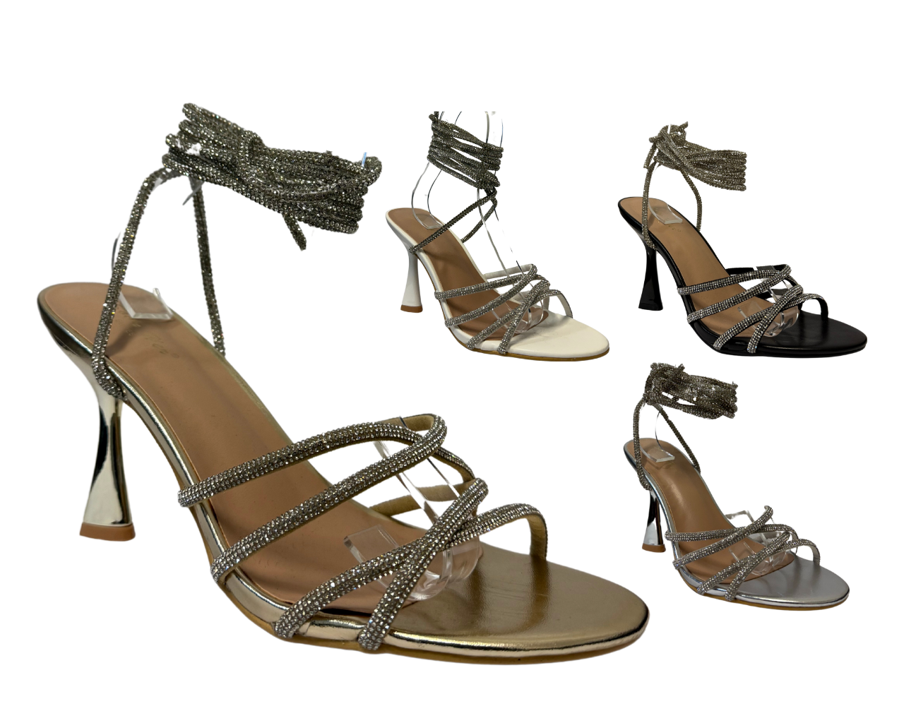 Women's Gold Lace up Diamante Strap Heels