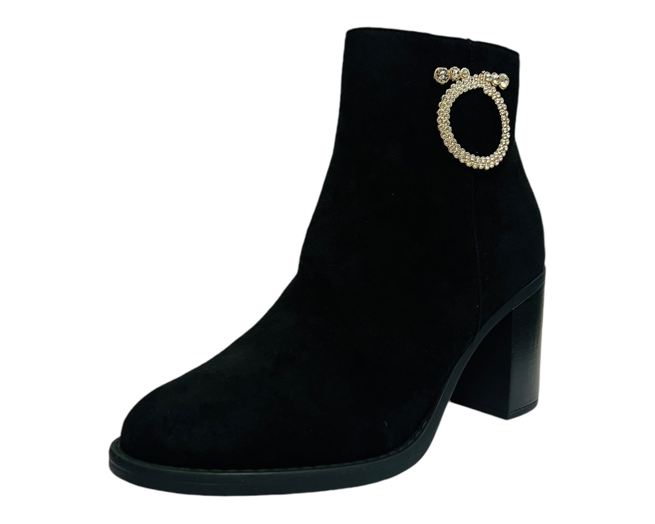 Women's Block High Heels Zip Ankle Boots Black Suede