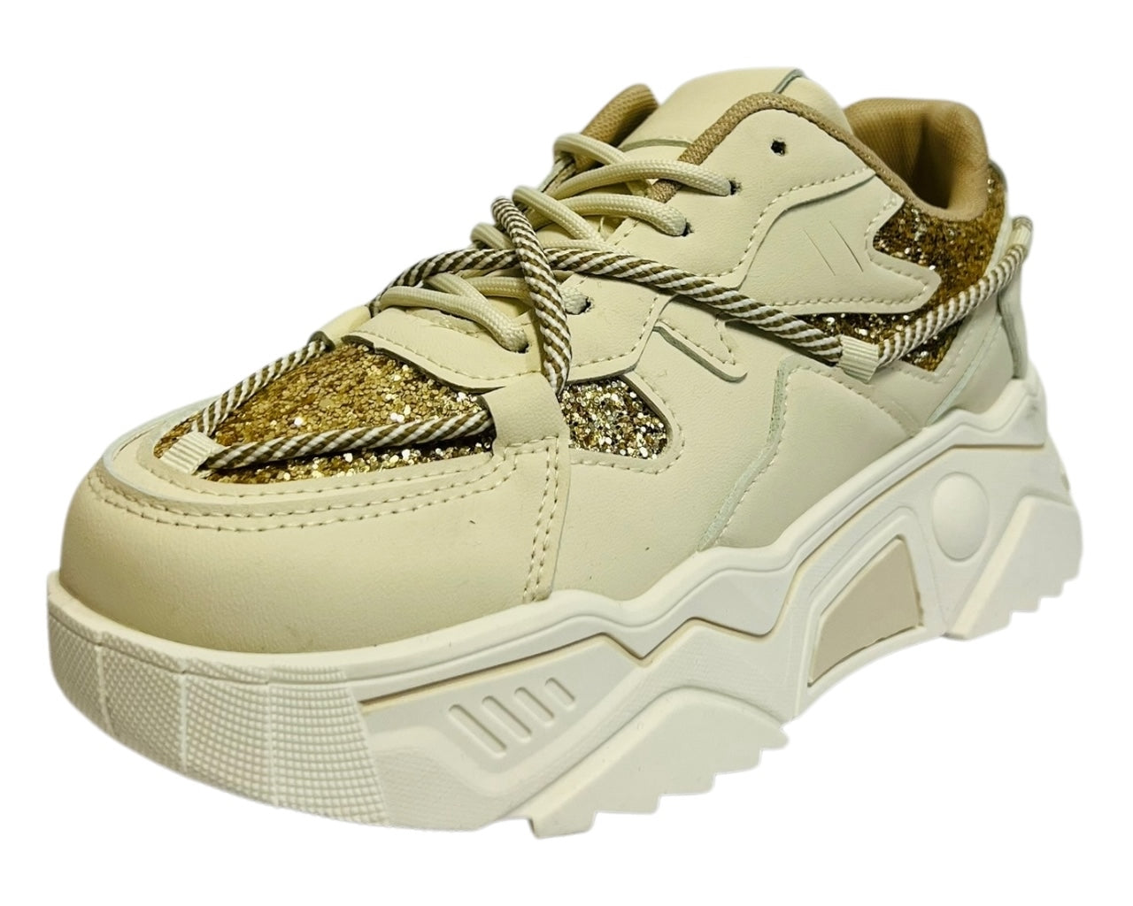 Women's Faux Leather Chunky Sole Lace Up Sparkle Trainers