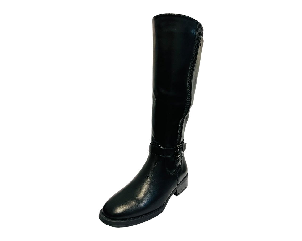 Women's 6301 Faux Leather Knee High Stretch Zip Boots Black