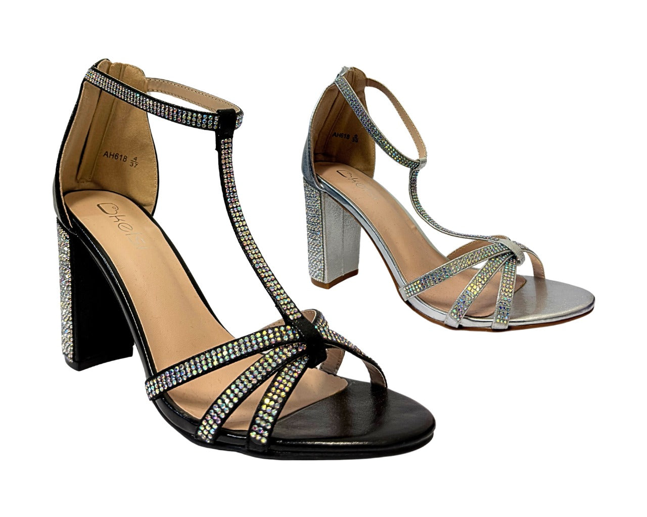 Women's AH616 Rhinestone Block Heel Ankle Strap Shoes