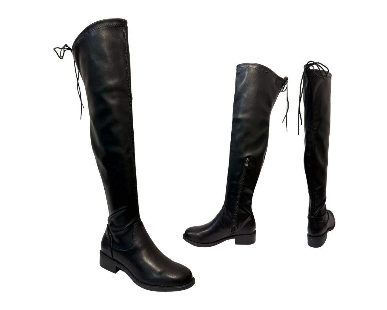 Women's Black High Boots Over The Knee Laces Flat Low Back Heel Boots