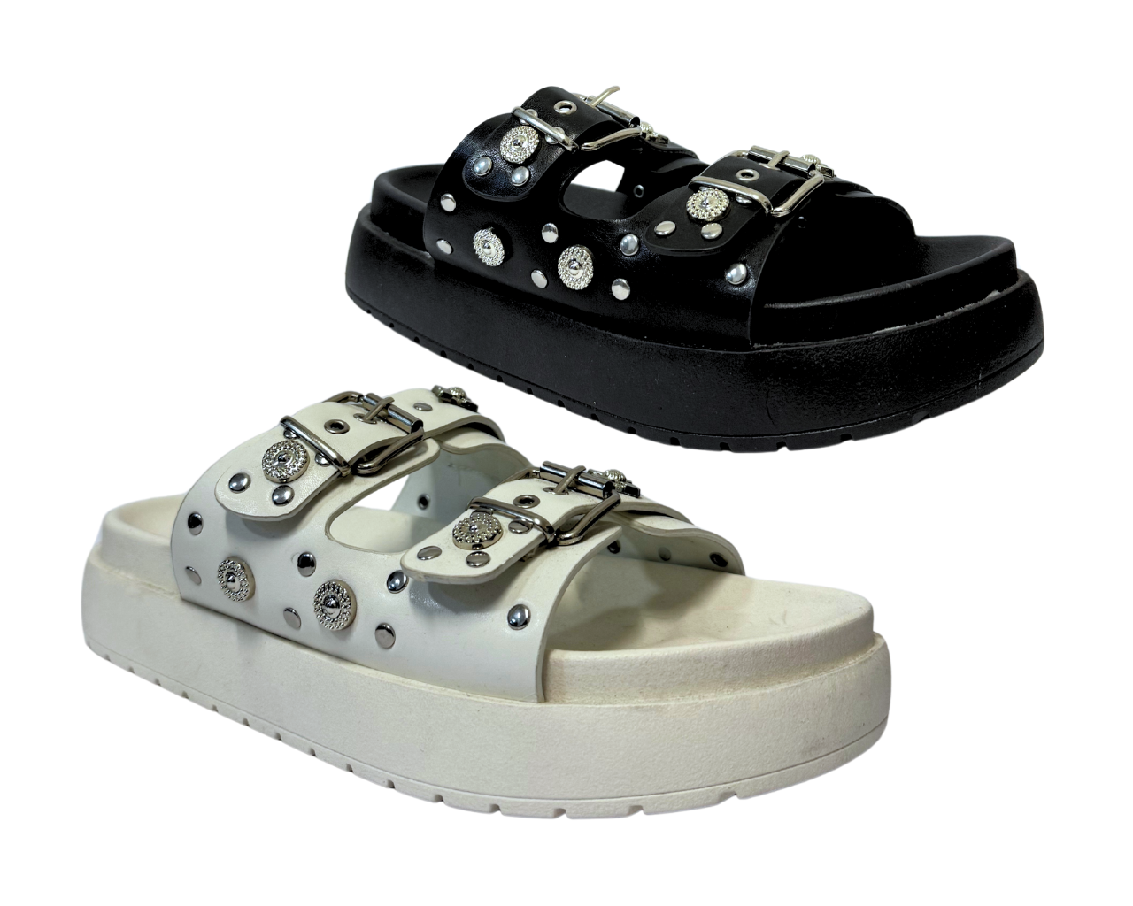 Women's Faux Leather Flat Studded Sliders