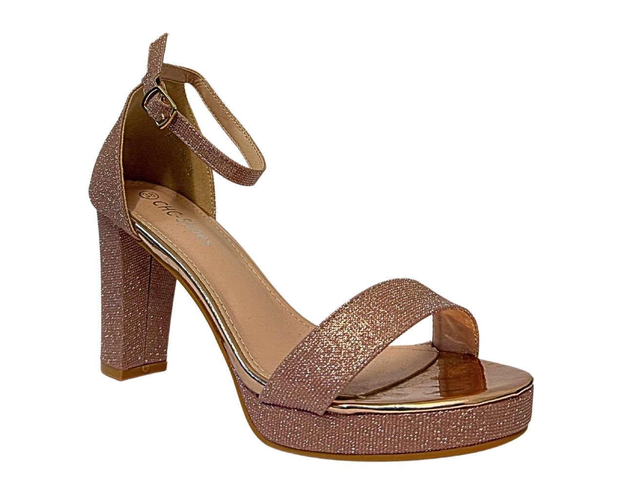 Women's N21-790 Champagne Rhinestone Block Heel Ankle Strap Shoes