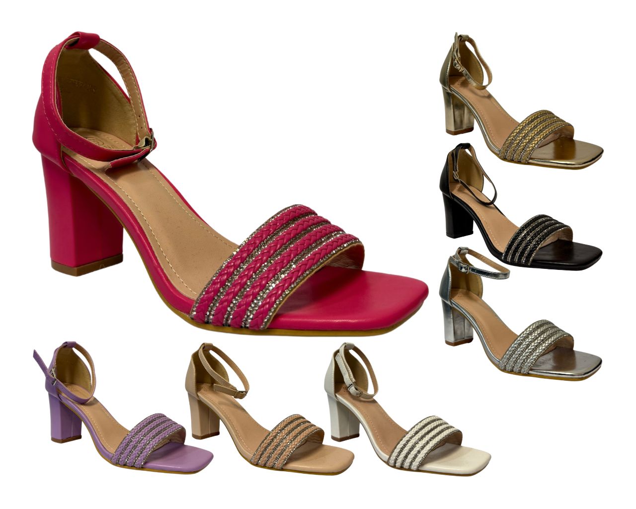 Women's B1639-131 Rhinestone Decor Block Heel Ankle Strap Shoes