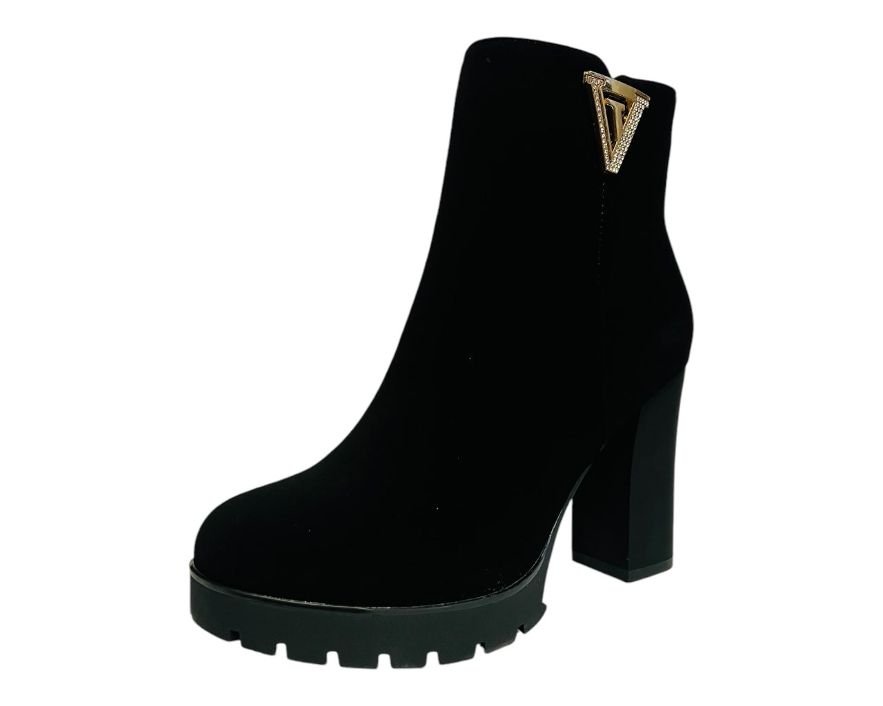 Women's Block High Heels Zip Ankle Boots Black Suede