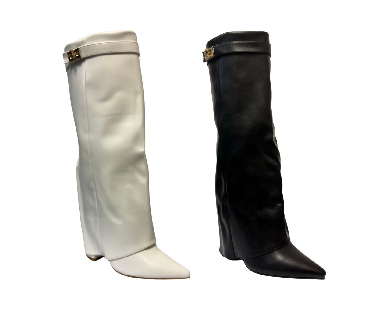Women's Faux Leather Knee High Fold Over Block Heel Boots