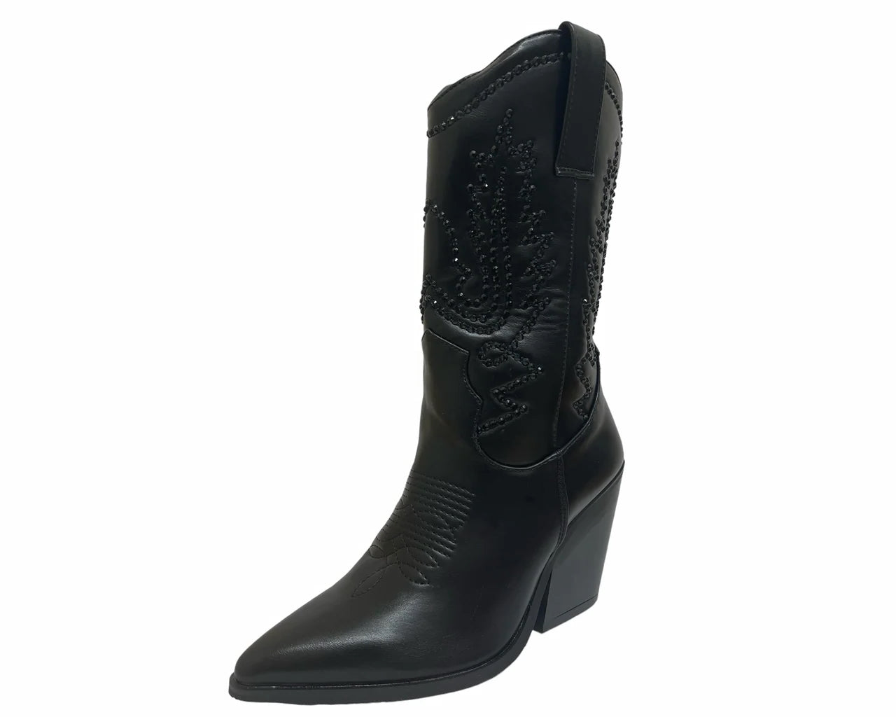 Women's Mid Calf Cowboy Embroidery Diamante Boots Black