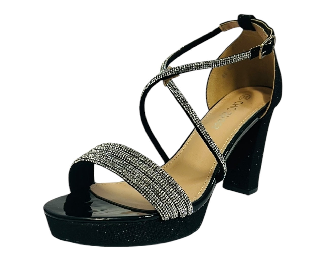 Women's Ankle Strap Diamante Block Heel Shoes