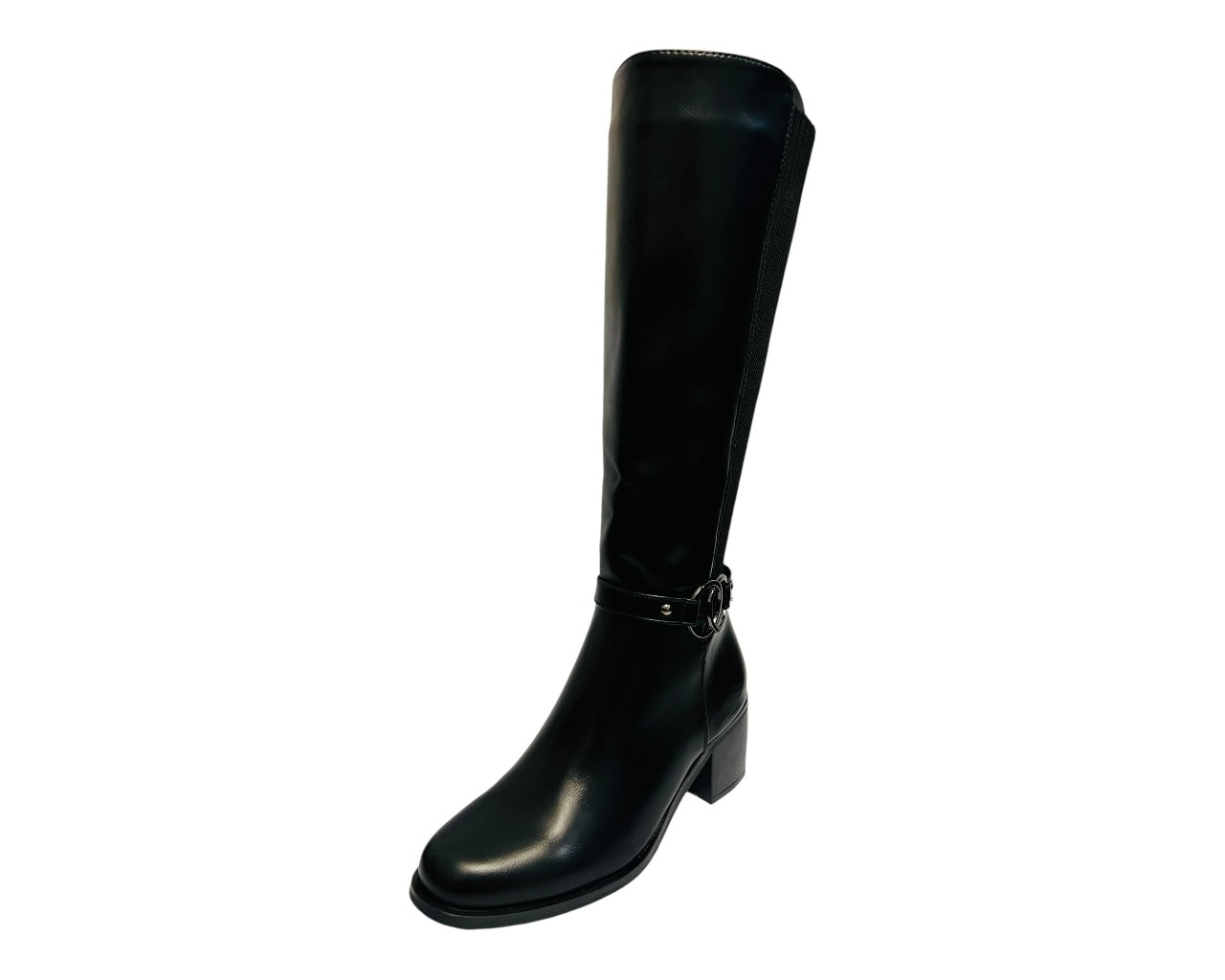Women's CHC335 Faux Leather Block Heel Knee High Stretch Zip Boots Black