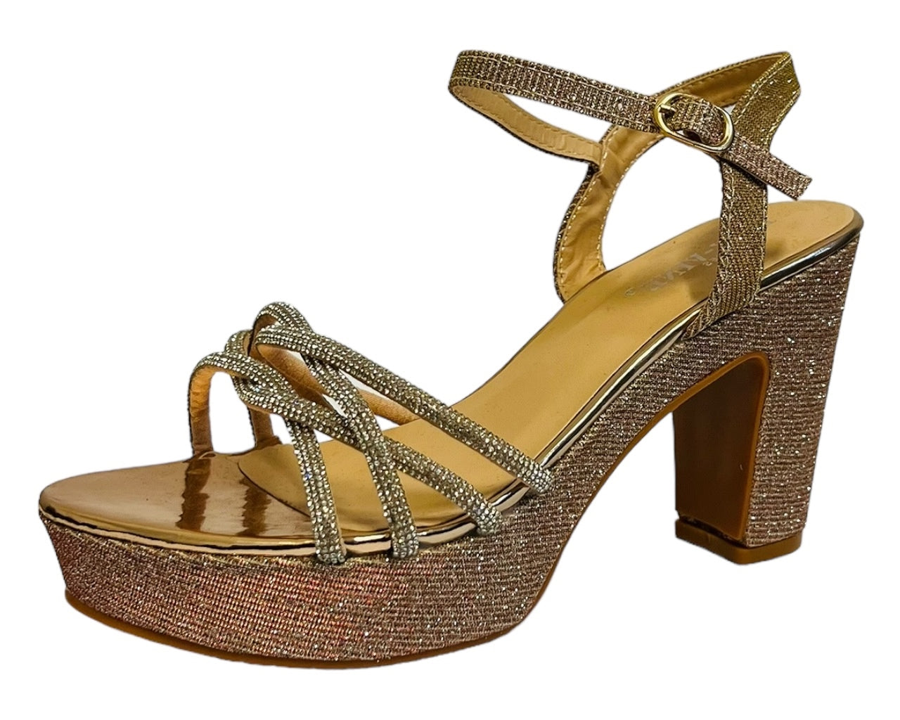 Women's Glitter Block Platform Ankle Strap Heel Shoes
