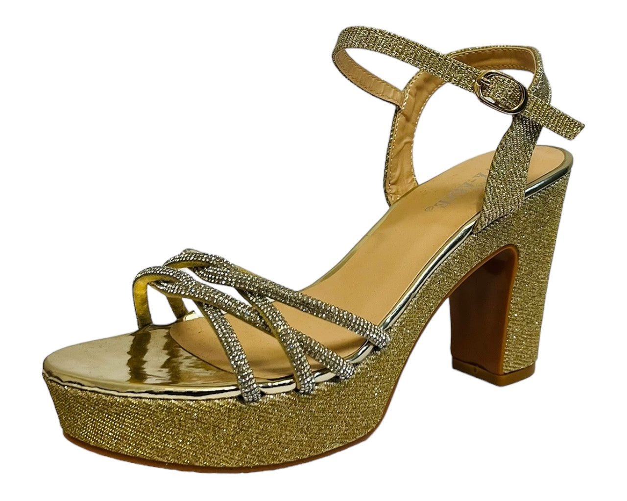 Women's Glitter Block Platform Ankle Strap Heel Shoes