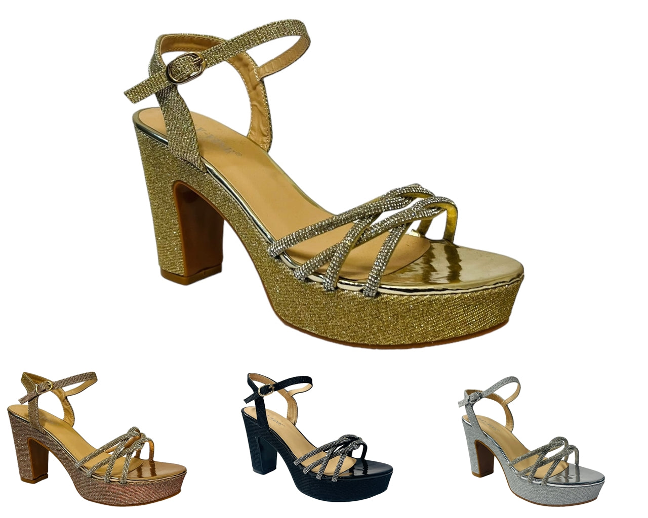 Women's Glitter Block Platform Ankle Strap Heel Shoes
