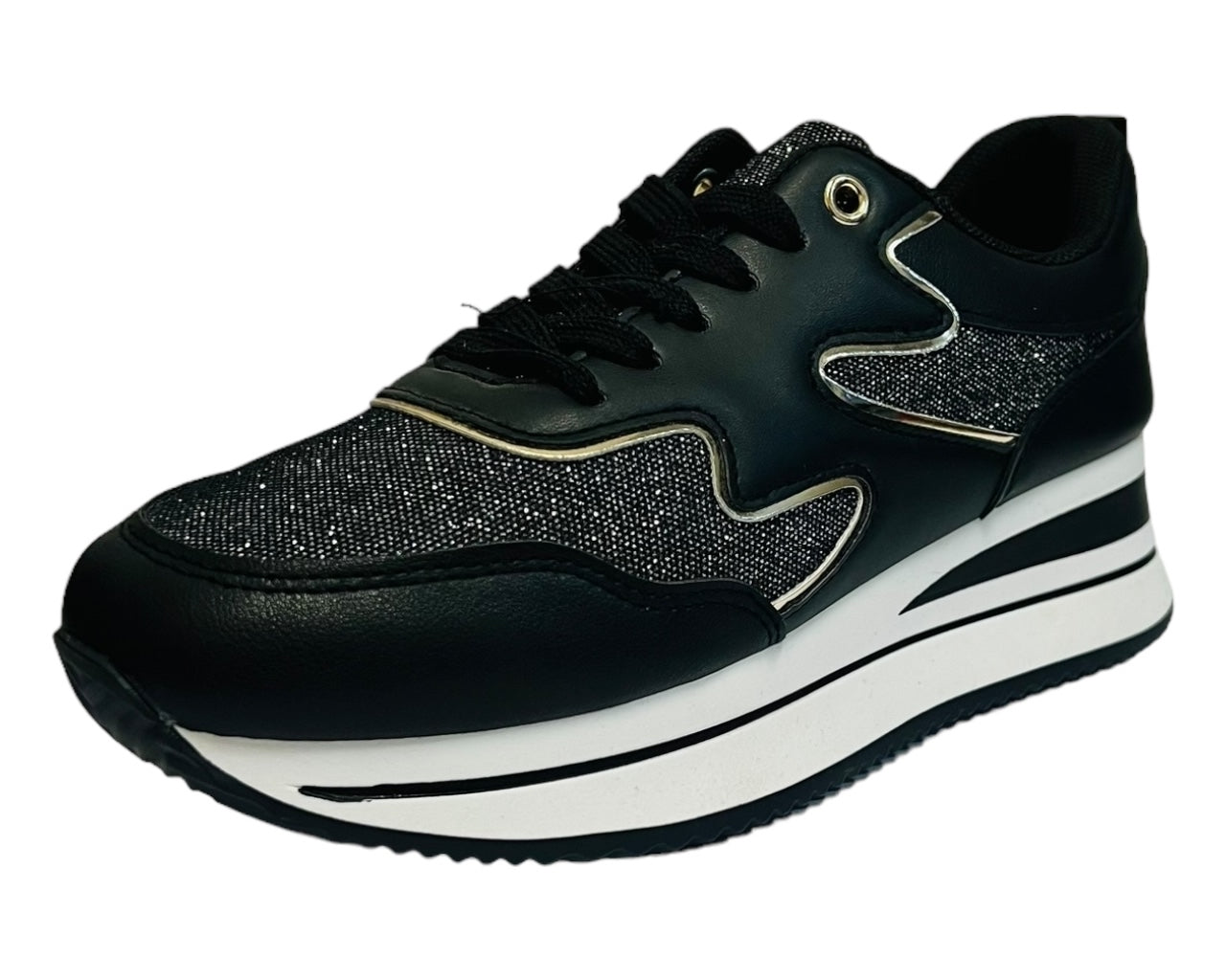Women's Faux Leather Chunky Sole Lace Up Trainers Black