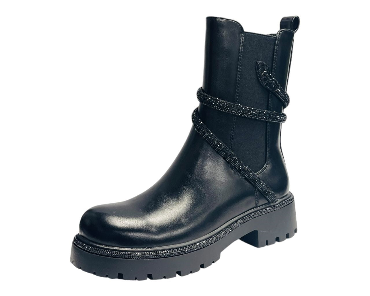 Women's Chunky Sole Faux Leather Zip Diamante Chelsea Boots