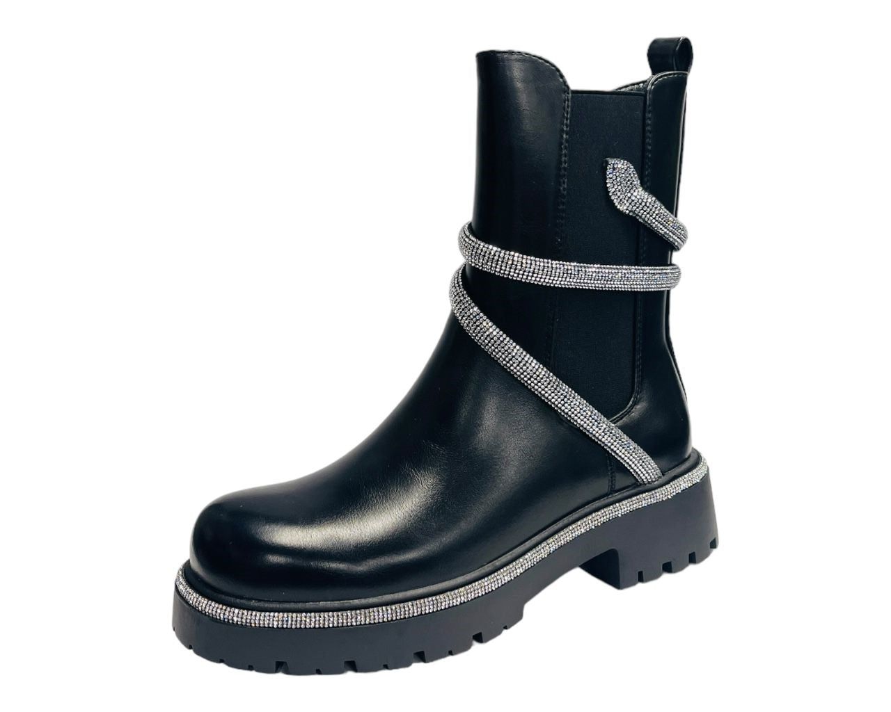 Women's Chunky Sole Faux Leather Zip Diamante Chelsea Boots