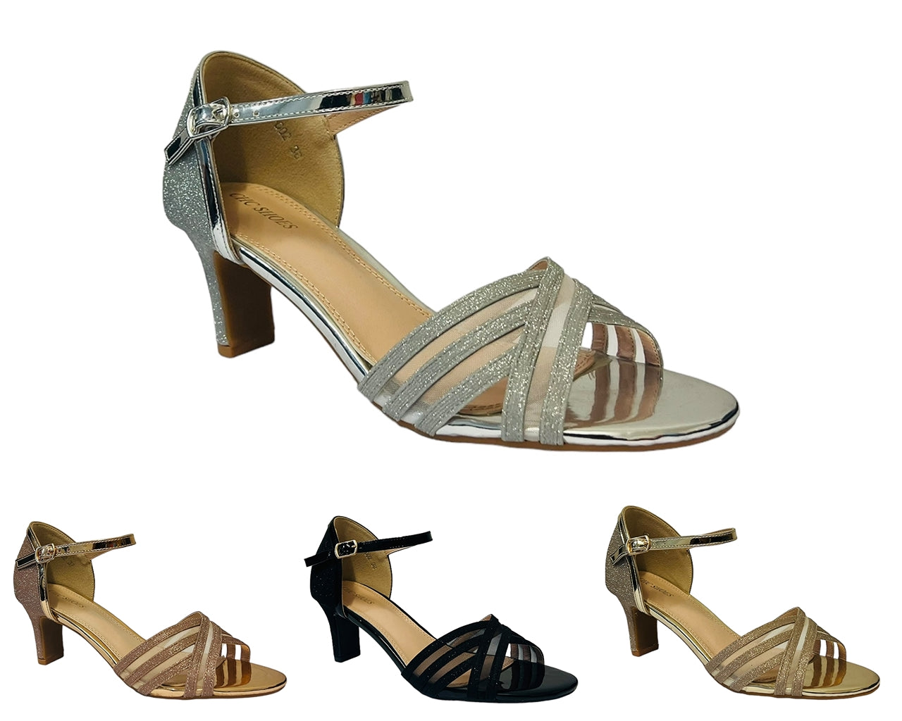 Women's Glitter Ankle Strap Block Heel Wedding Prom Party Fashion Shoes