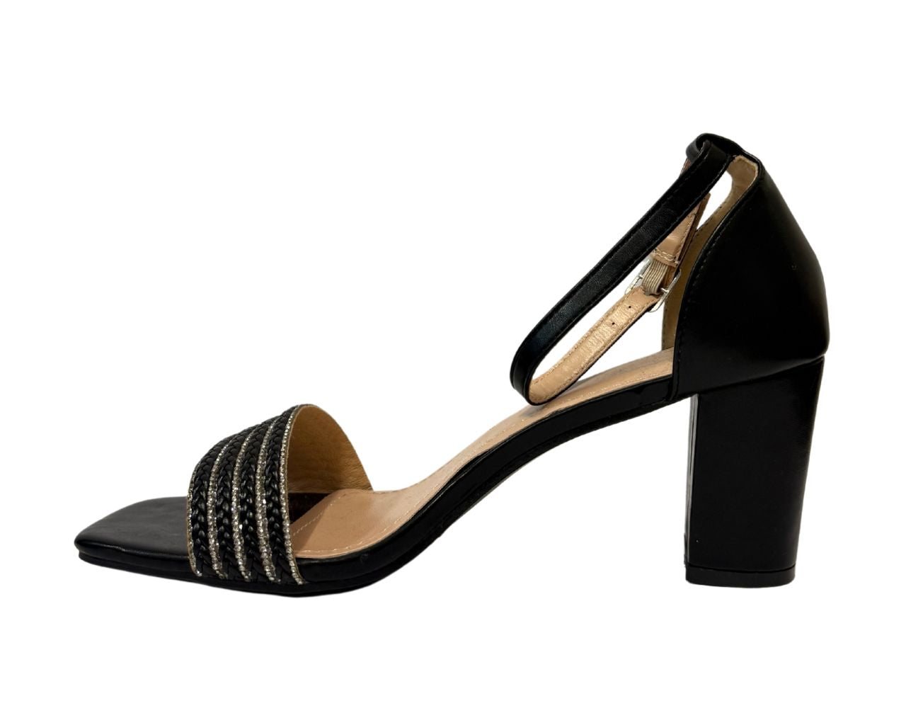 Women's B1639-131 Rhinestone Decor Block Heel Ankle Strap Shoes