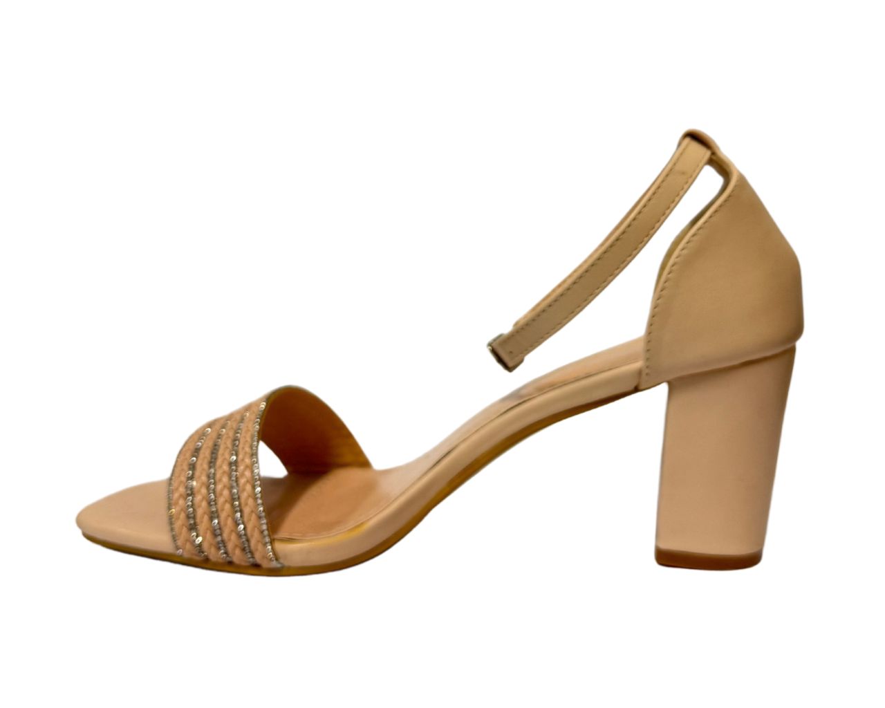 Women's B1639-131 Rhinestone Decor Block Heel Ankle Strap Shoes