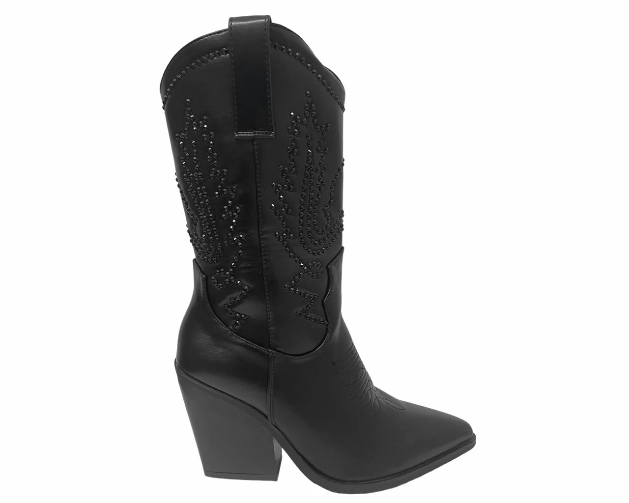 Women's Mid Calf Cowboy Embroidery Diamante Boots Black