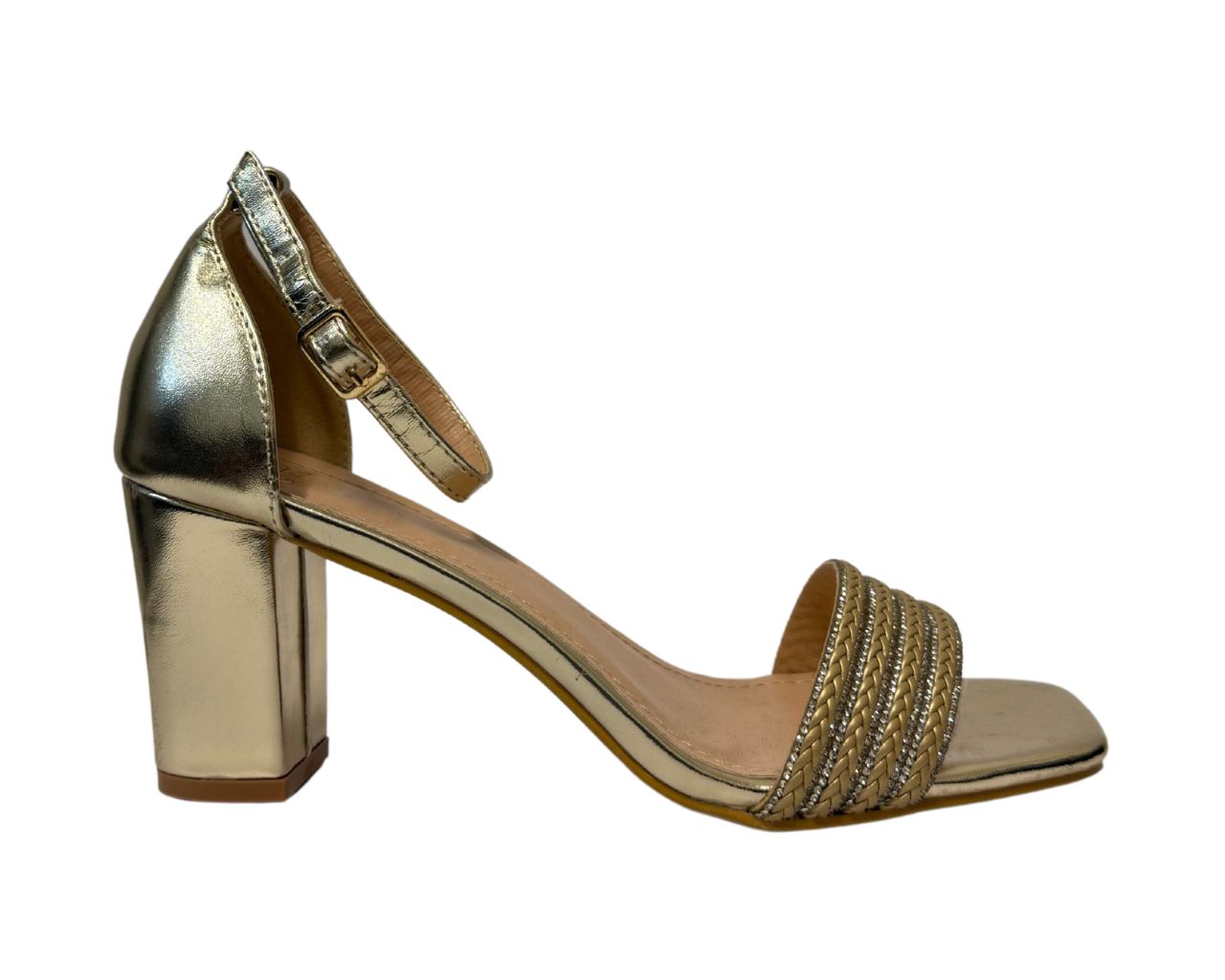 Women's B1639-131 Rhinestone Decor Block Heel Ankle Strap Shoes