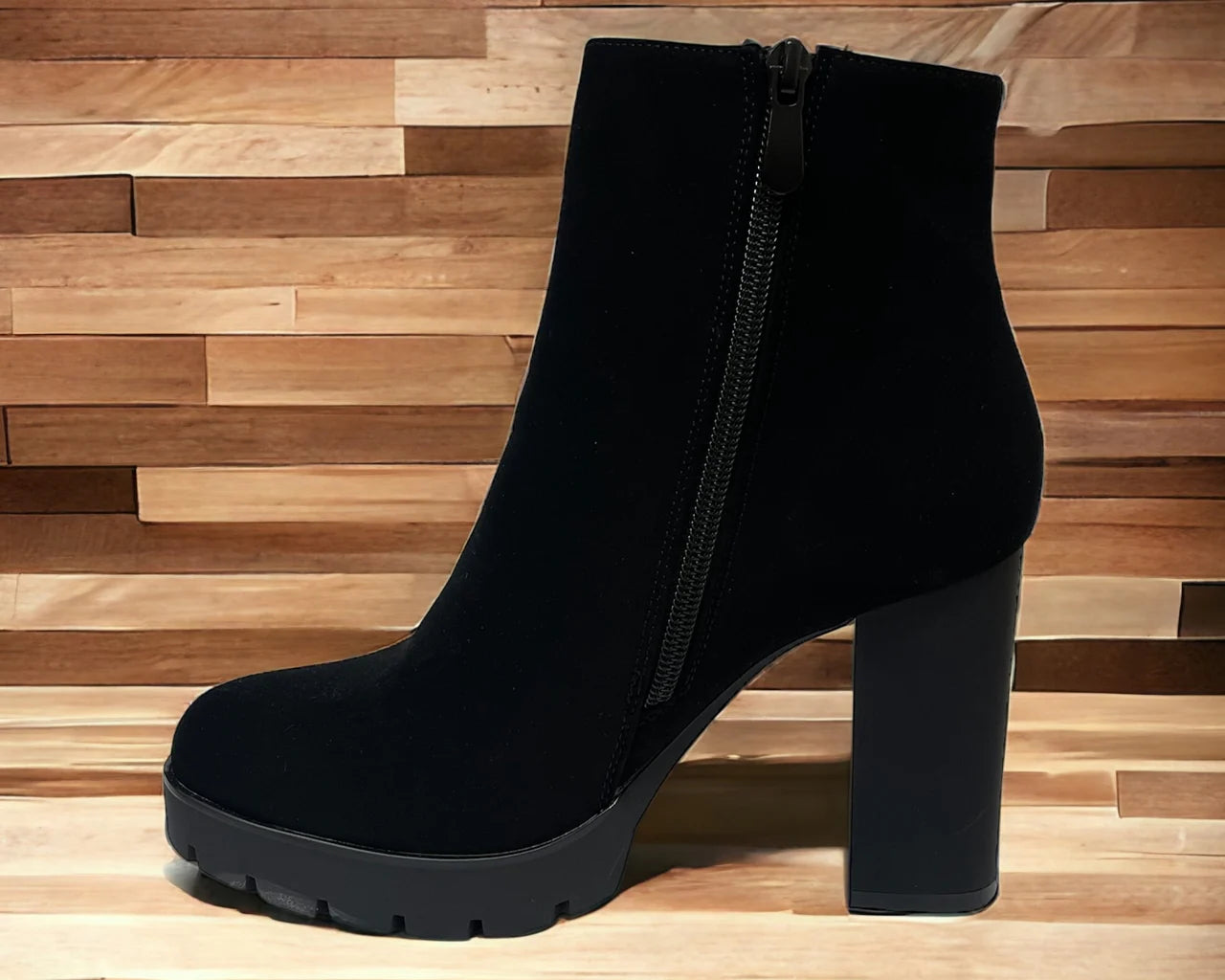 Diamante Block High Heels Zip Ankle Boots with silver details.