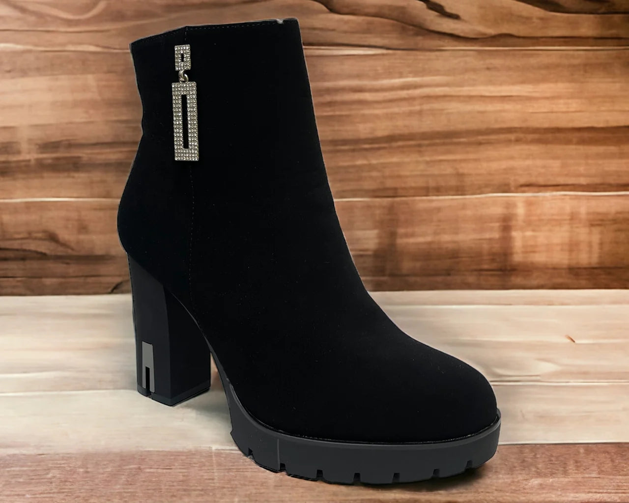 Diamante Block High Heels Zip Ankle Boots with silver details.