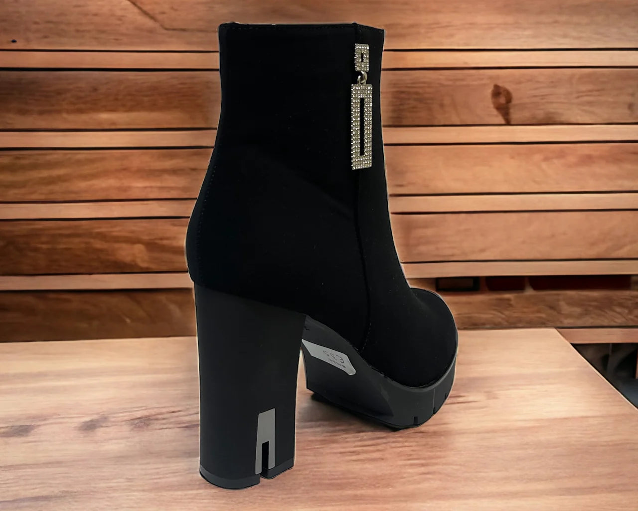 Diamante Block High Heels Zip Ankle Boots with silver details.