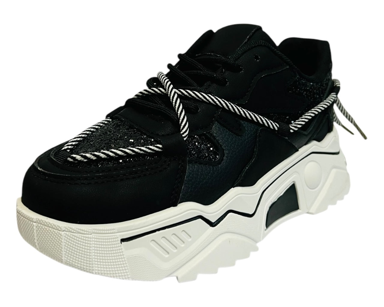 Women's Faux Leather Chunky Sole Lace Up Sparkle Trainers