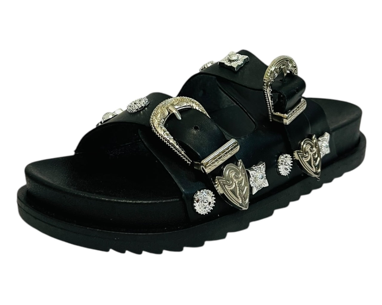 Women's Faux Leather Flat Studded Sliders