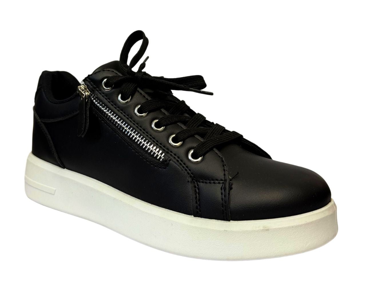 Women's Faux Leather Flat Sole Zip And Lace Up Trainers