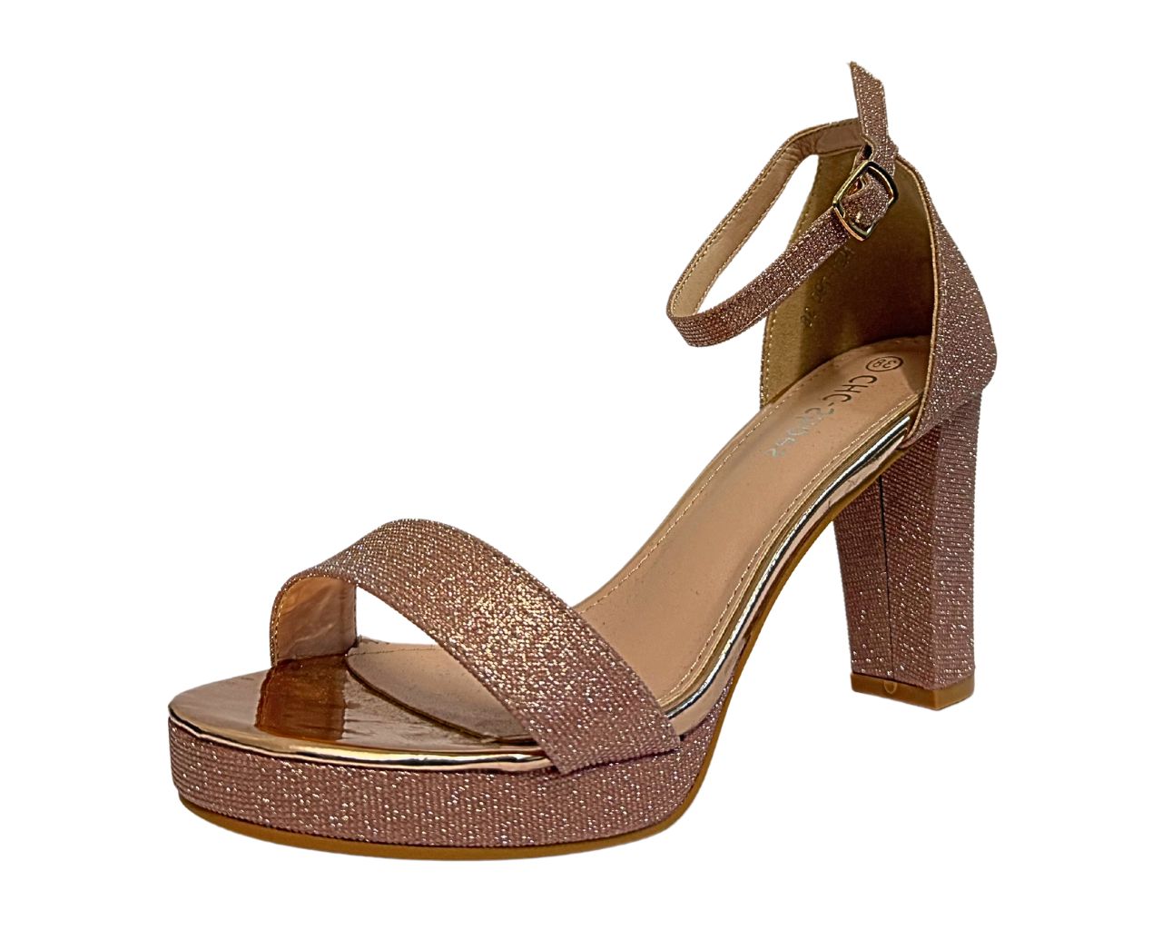 Women's N21-790 Champagne Rhinestone Block Heel Ankle Strap Shoes