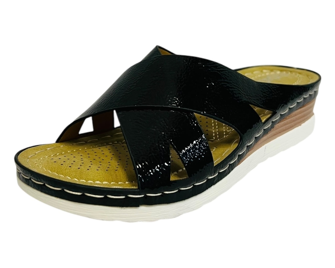 Women's Lightweight Cross Strap Patent Wedge Slider