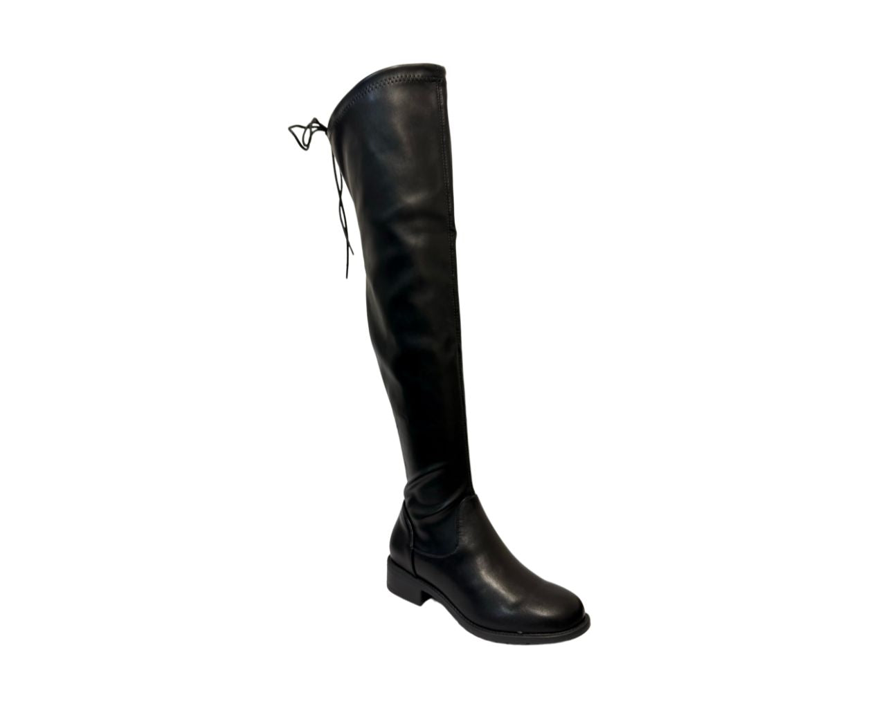 Women's Black High Boots Over The Knee Laces Flat Low Back Heel Boots