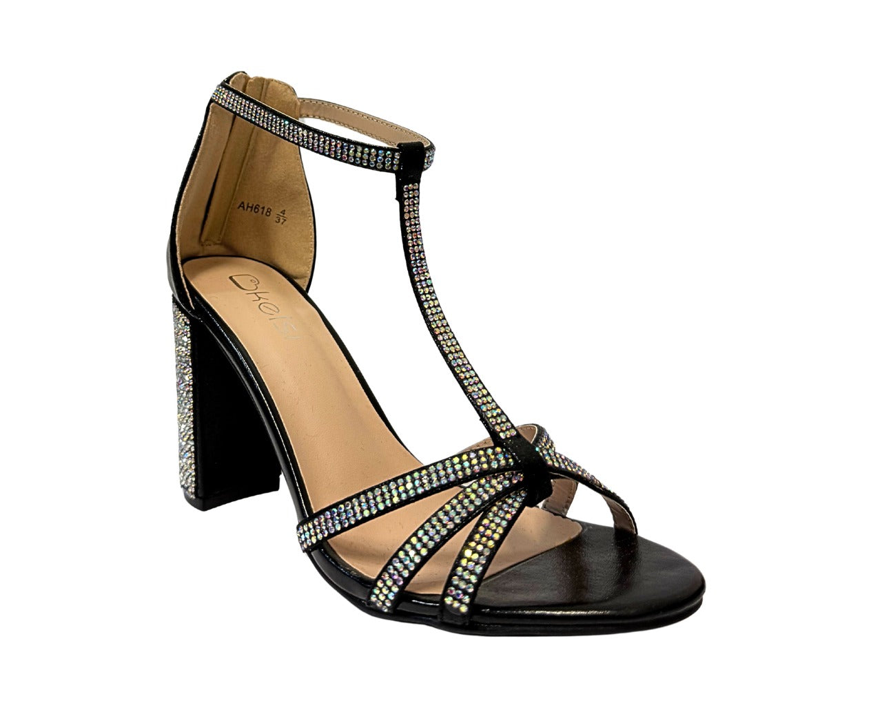 Women's AH616 Rhinestone Block Heel Ankle Strap Shoes