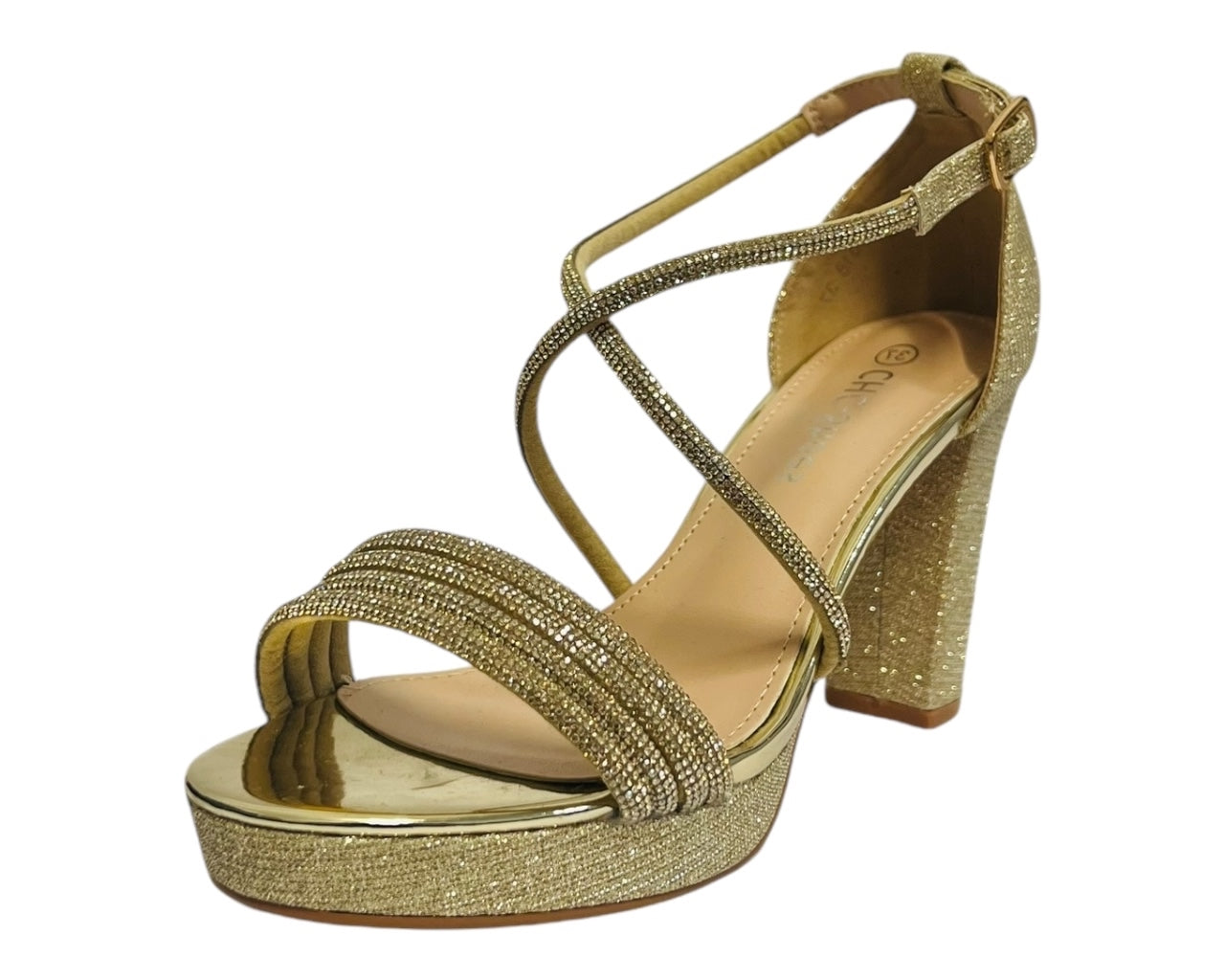 Women's Ankle Strap Diamante Block Heel Shoes