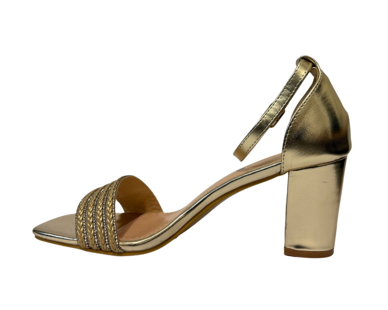 Women's B1639-131 Rhinestone Decor Block Heel Ankle Strap Shoes