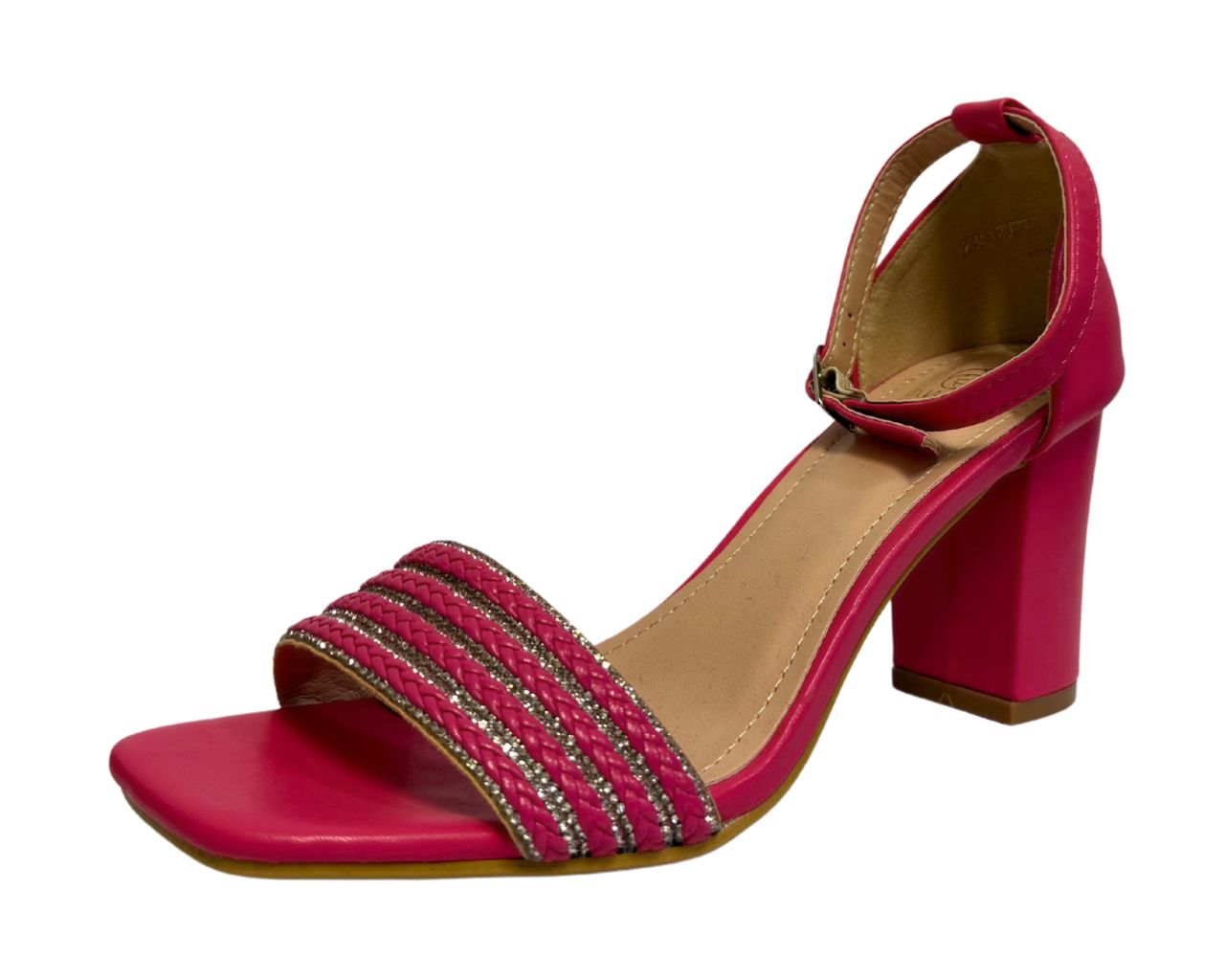 Women's B1639-131 Rhinestone Decor Block Heel Ankle Strap Shoes