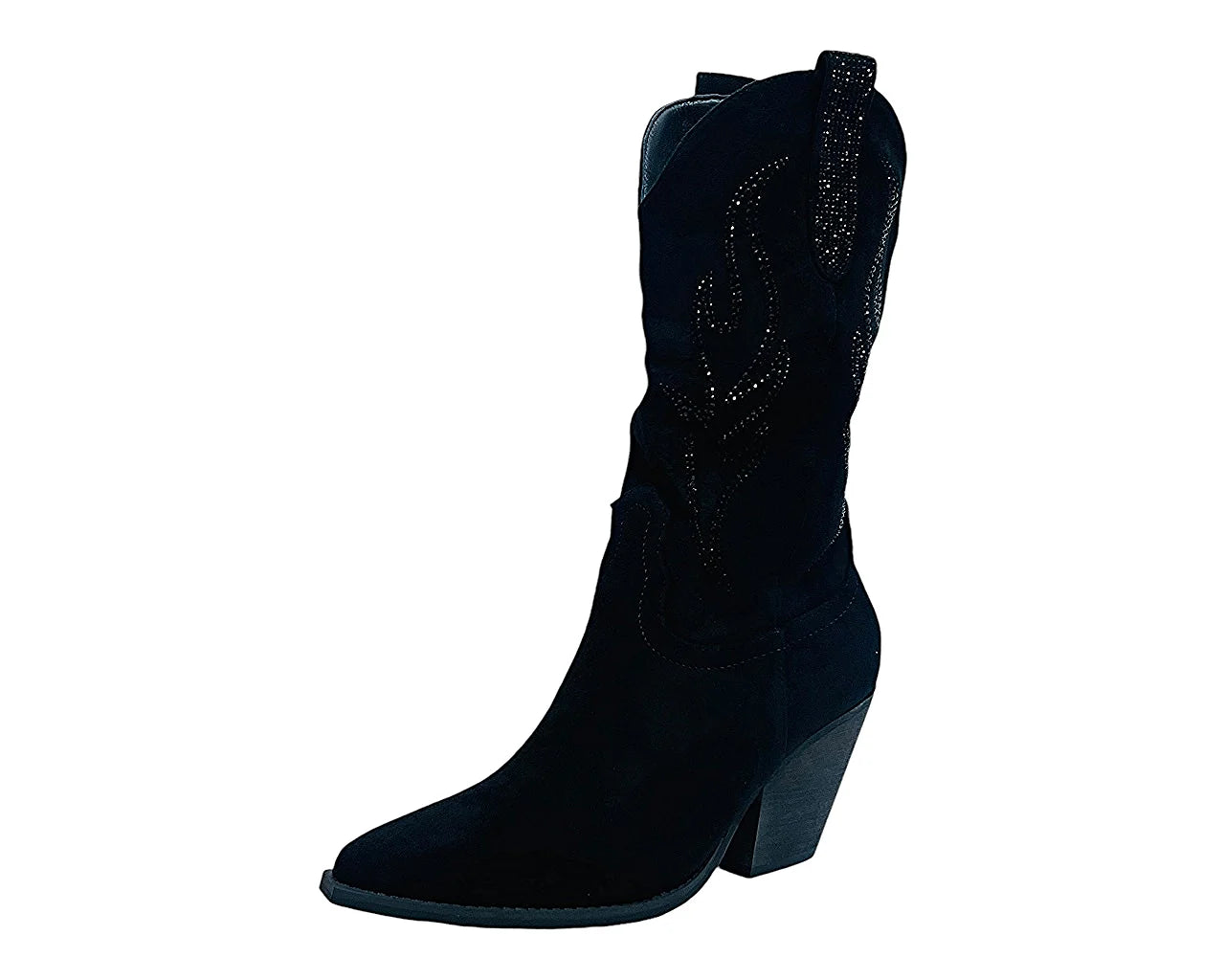 Women's Faux Suede Western Cowboy Diamante Mid Calf Boots