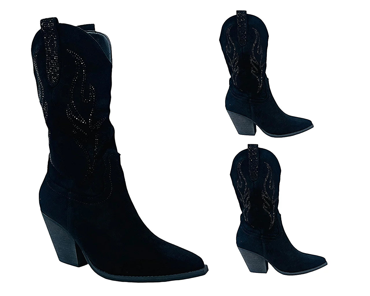 Women's Faux Suede Western Cowboy Diamante Mid Calf Boots
