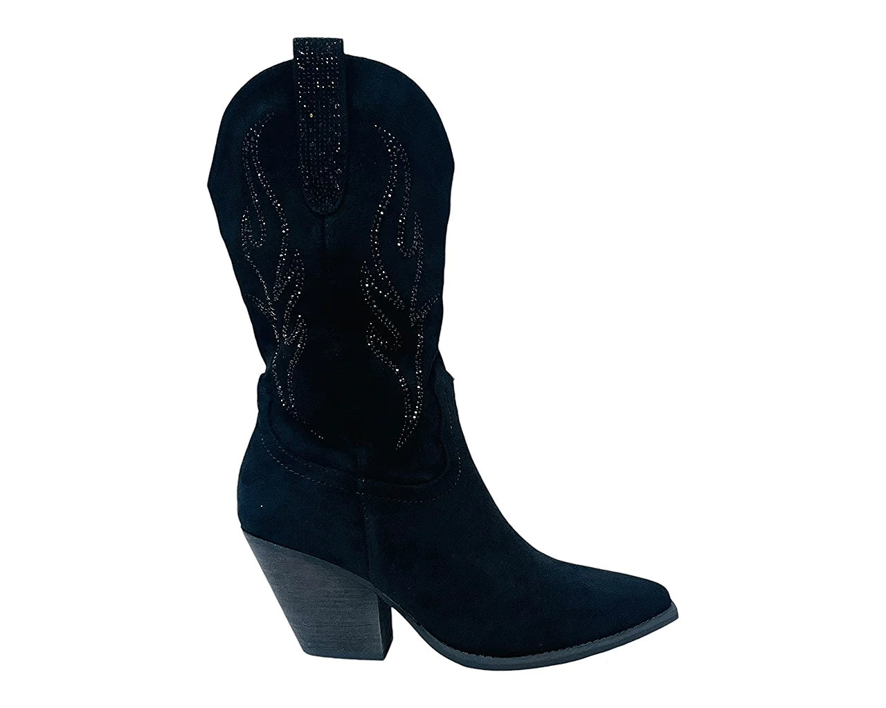 Women's Faux Suede Western Cowboy Diamante Mid Calf Boots