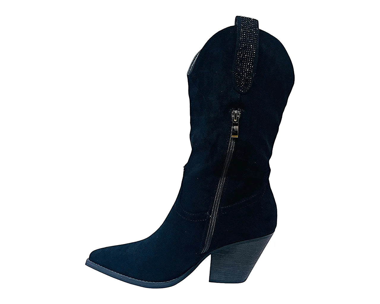 Women's Faux Suede Western Cowboy Diamante Mid Calf Boots