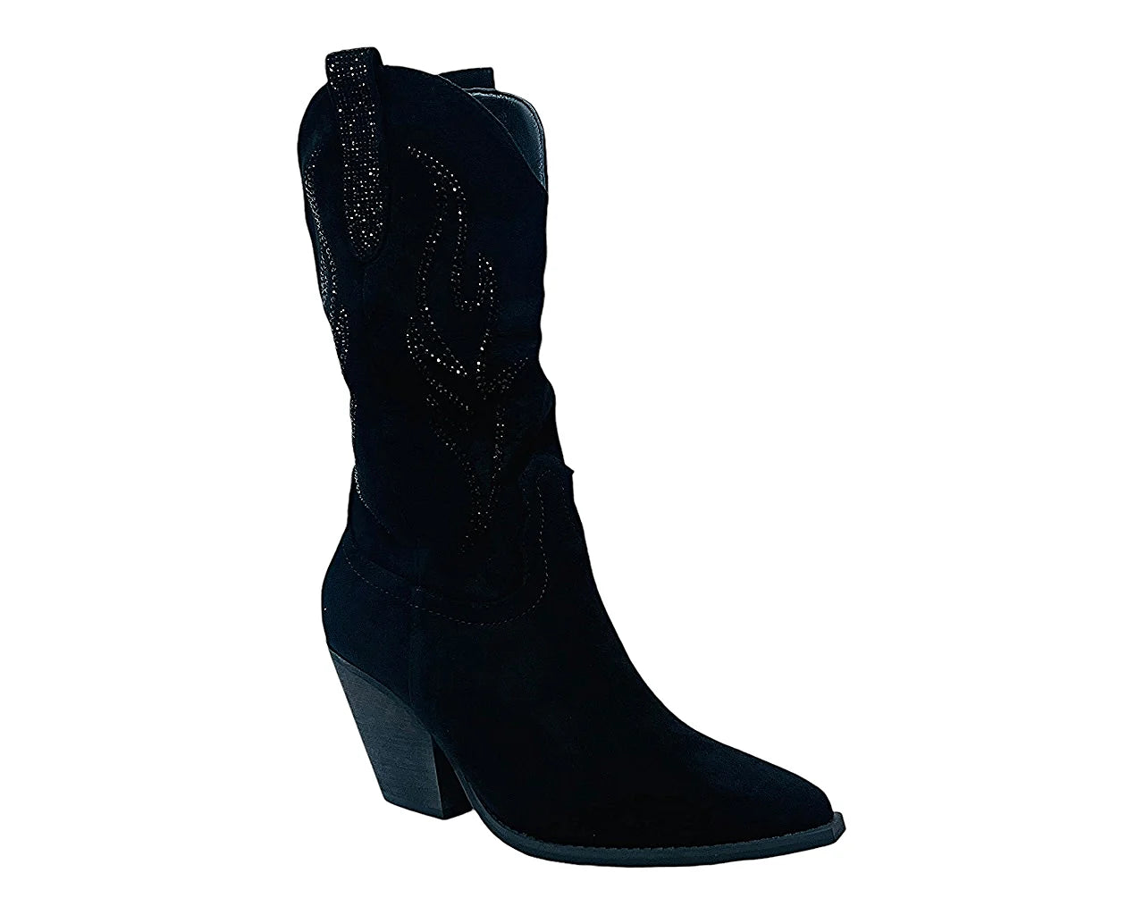 Women's Faux Suede Western Cowboy Diamante Mid Calf Boots