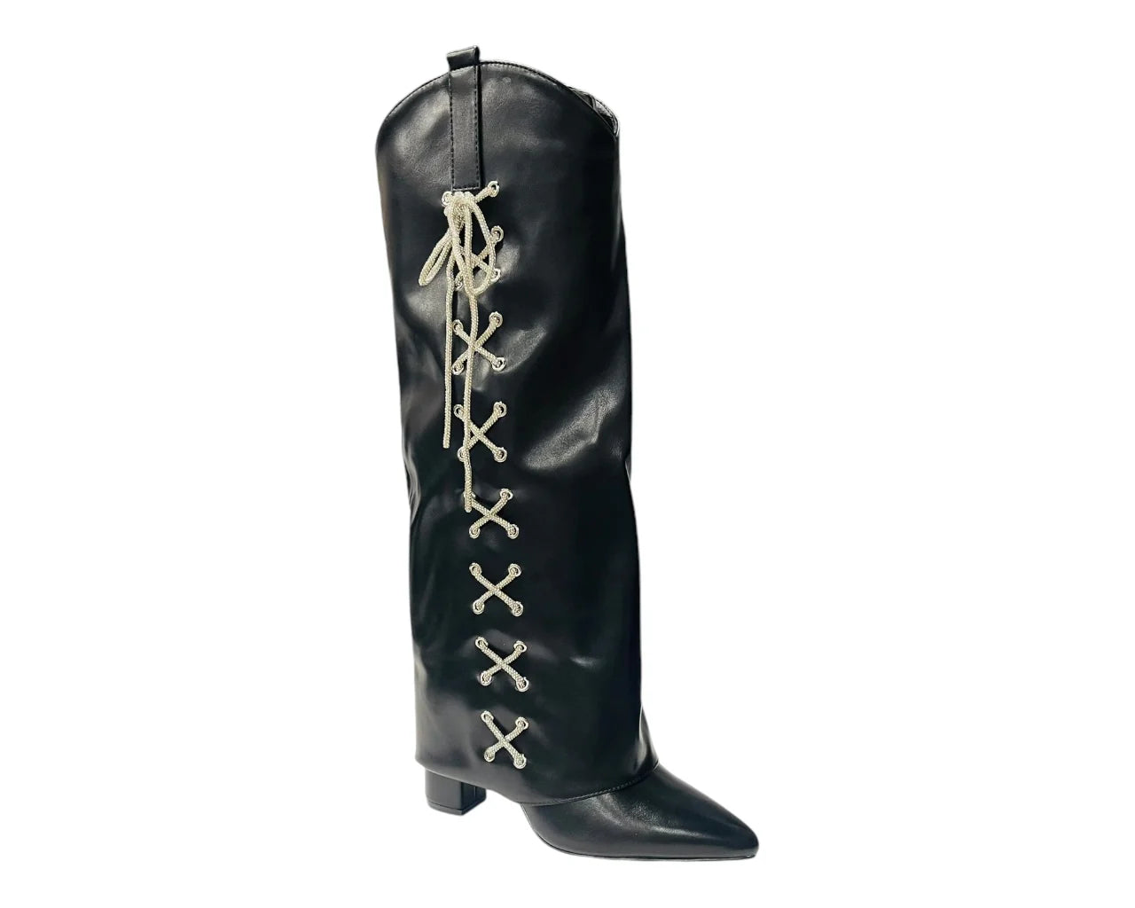 Women's Rhinestone Faux Leather Fold Over Block Heel Boots