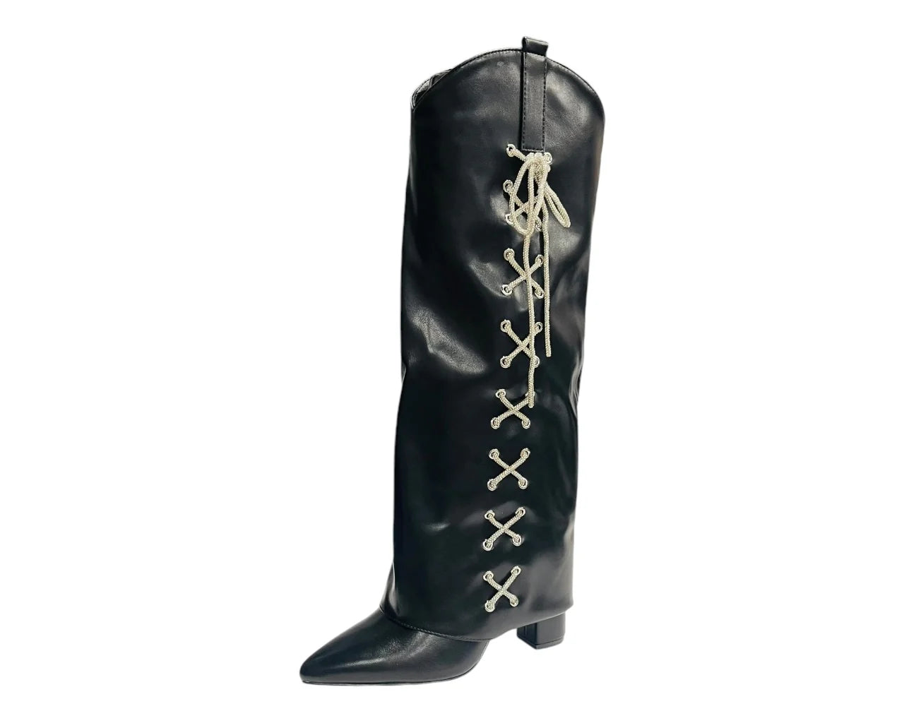 Women's Rhinestone Faux Leather Fold Over Block Heel Boots